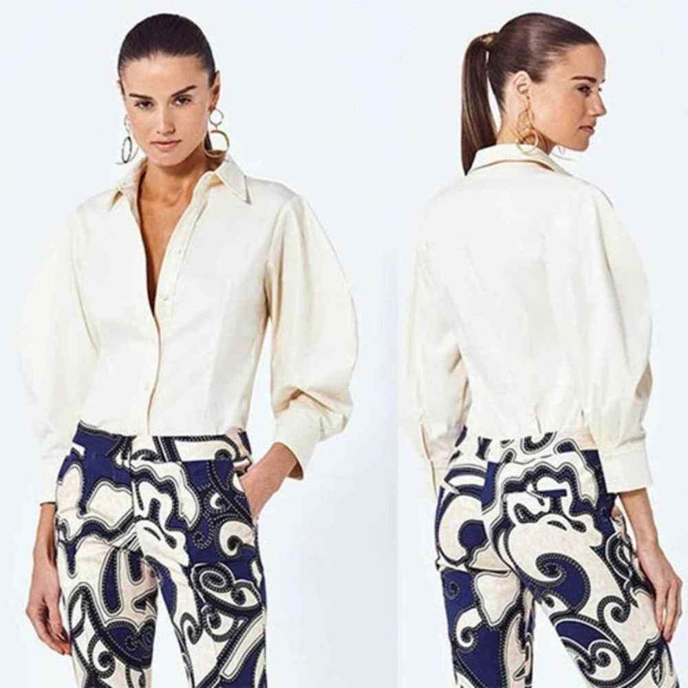 Alexis Brooks Blouson Sleeve Structured Collar Top Women's Ivory Size L NWT